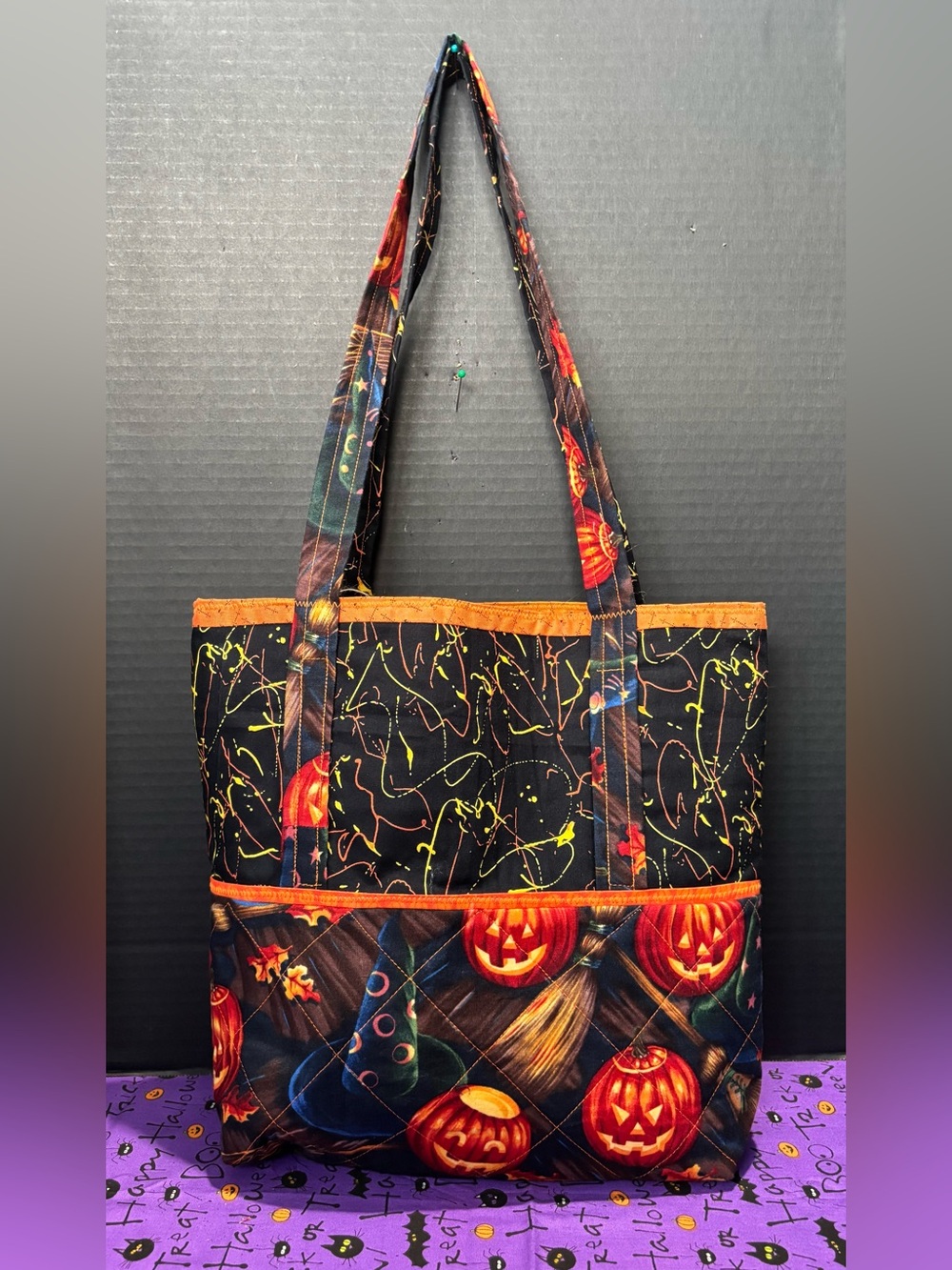 Quilted Halloween Jack O Lanterns Witches Brooms Tote Bag